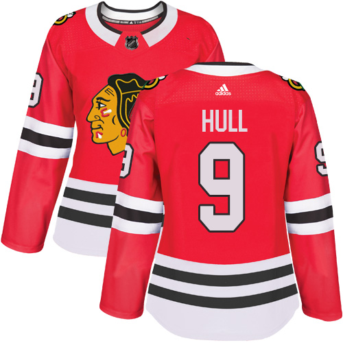 Adidas Blackhawks #9 Bobby Hull Red Home Authentic Women's Stitched NHL Jersey